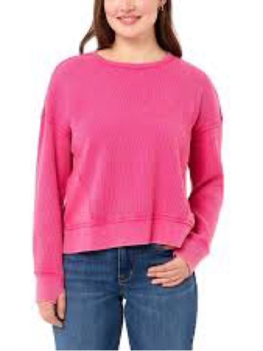 Seven7 waffle crewneck top a vibrant pink hue size L